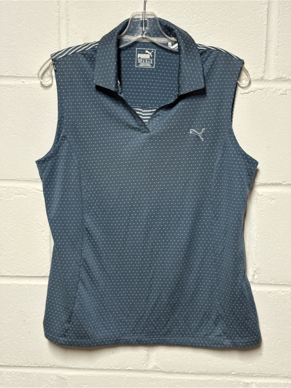 Puma Golf Women's XL Sleeveless Polo Blue Gray Polka Dot Striped Back